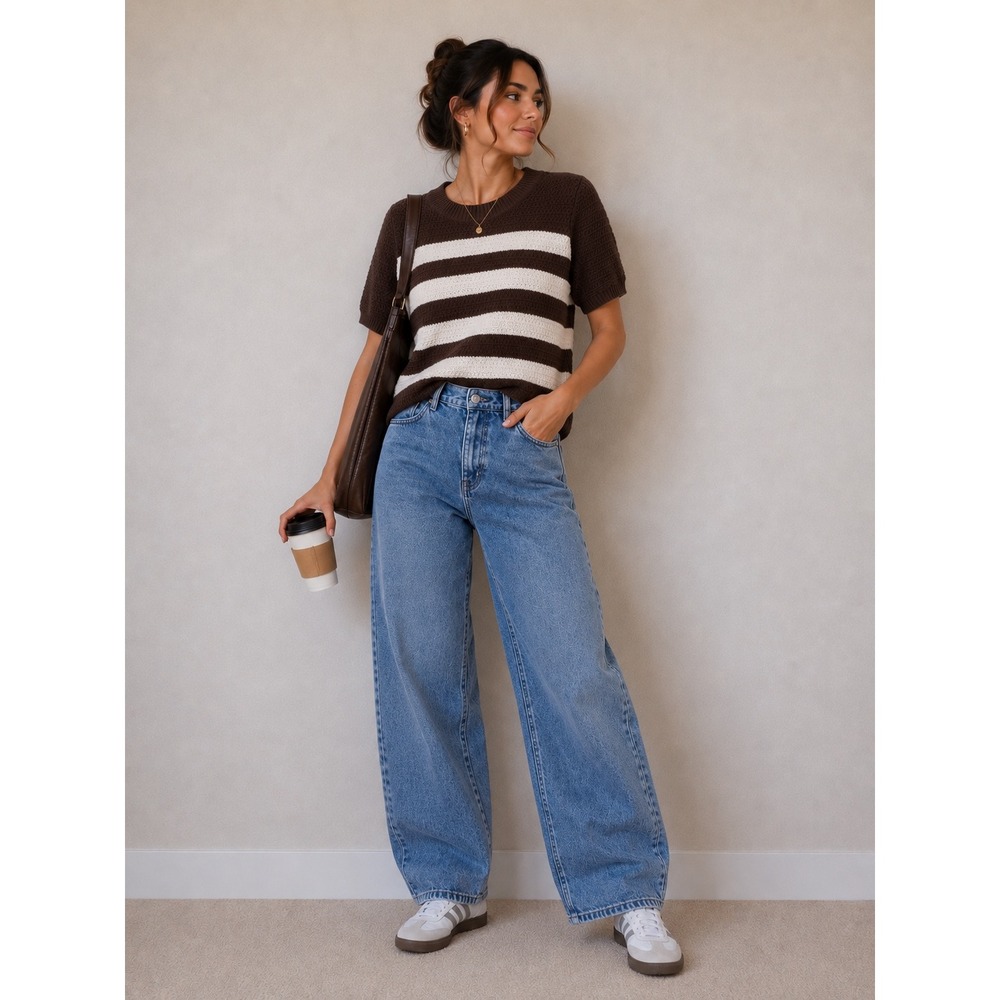 LOFT Womens Brown White Striped Short Sleeve Textured Knit‎ Sweater Small Q24
